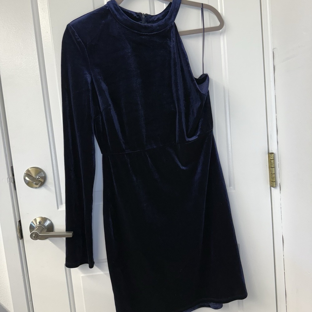 ASTR The Label Velvet One Shoulder Long‎ Sleeve Bodycon Dress Navy Blue Sz Large